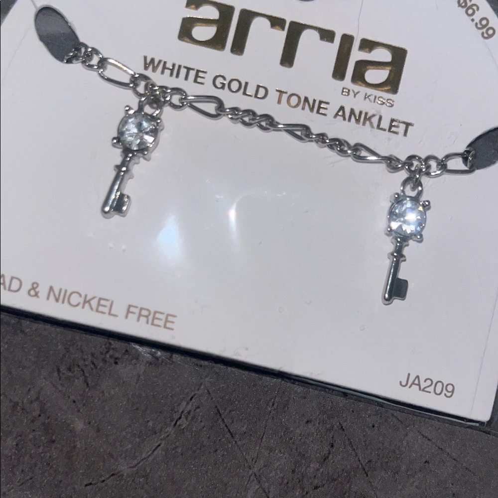 arria White Gold Tone Key Charm Anklet with Crystal Accents